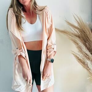 F21 FOREVER 21 Peach Pink Offset Zipper Light Hooded Anorak Trench Coat Jacket L